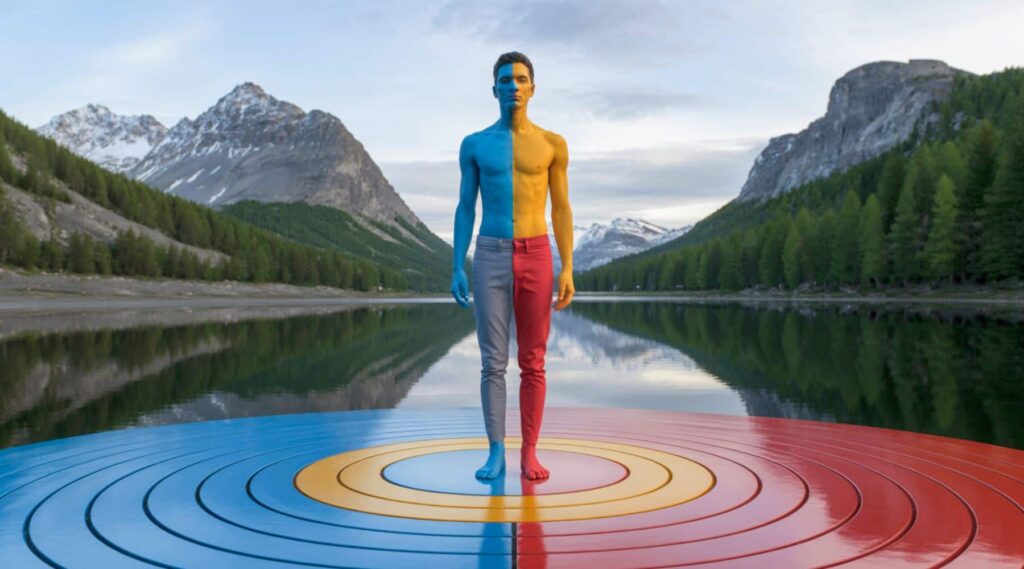 Szimbolikus ábrázolás az emberi test és elme működéséről, belső egyensúlyról