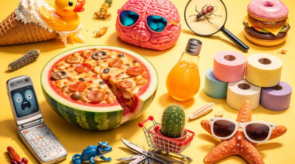 Különböző furcsa és váratlan tárgyak színes összeállítása