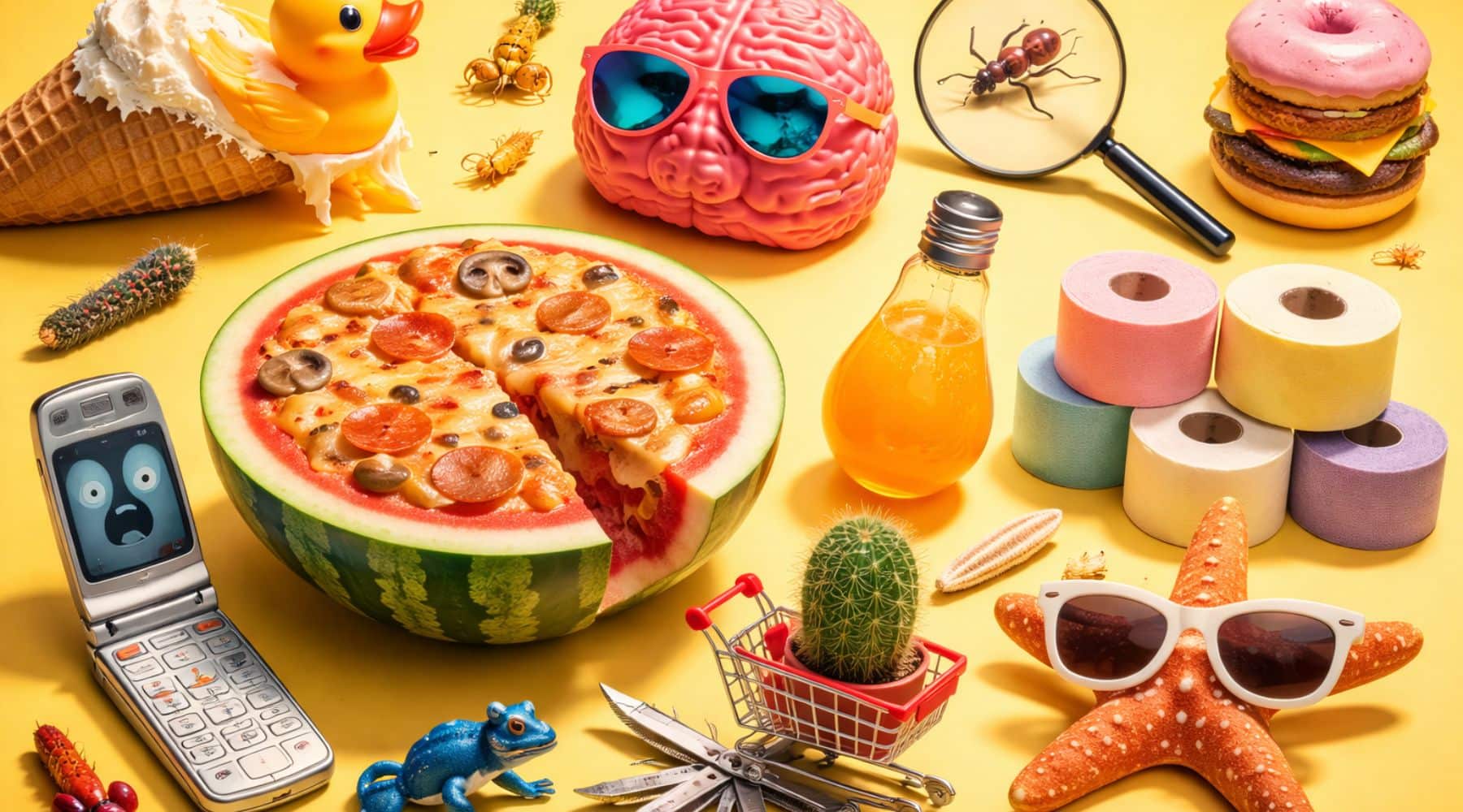 Különböző furcsa és váratlan tárgyak színes összeállítása